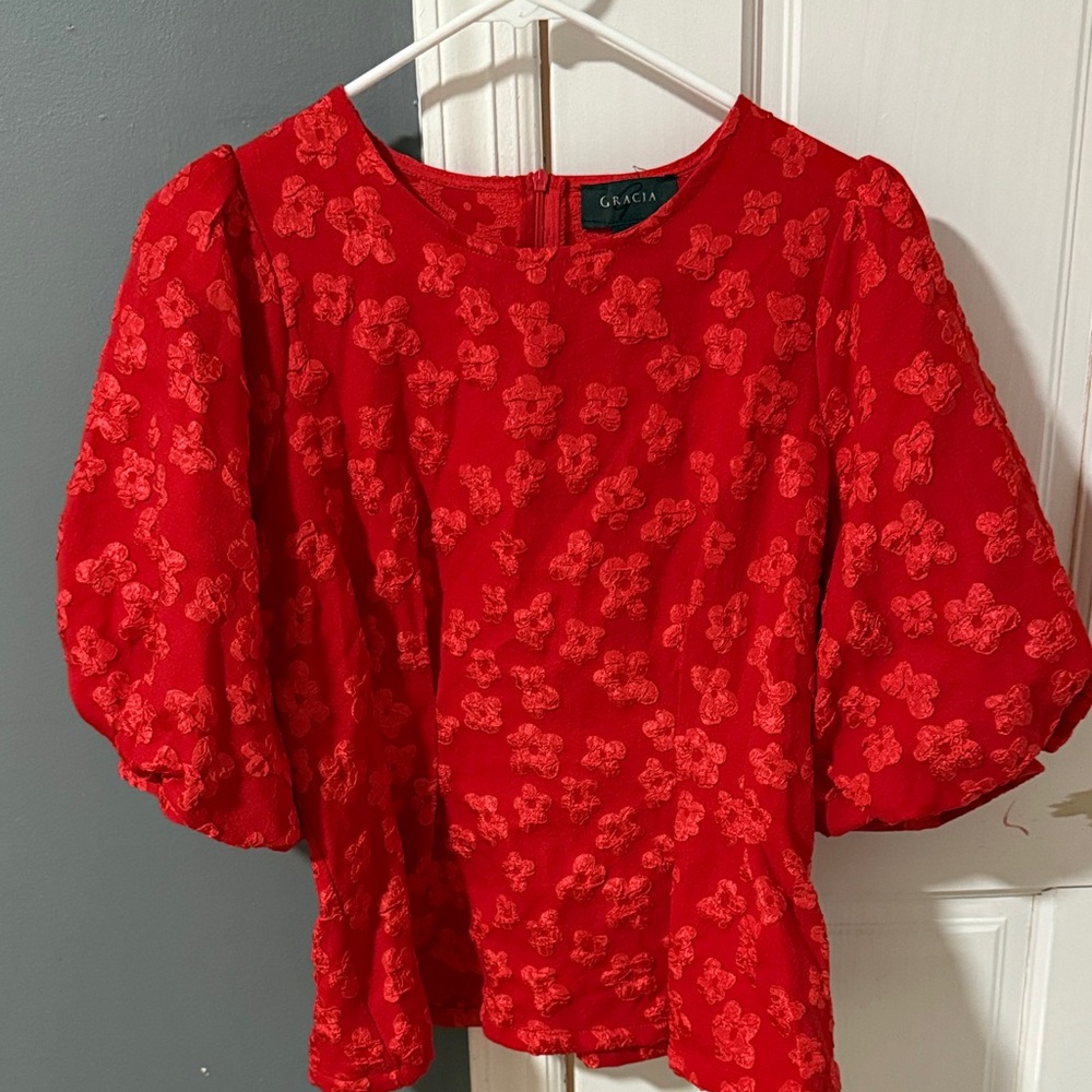 Gracia Red Puff Sleeve Floral Textured Blouse